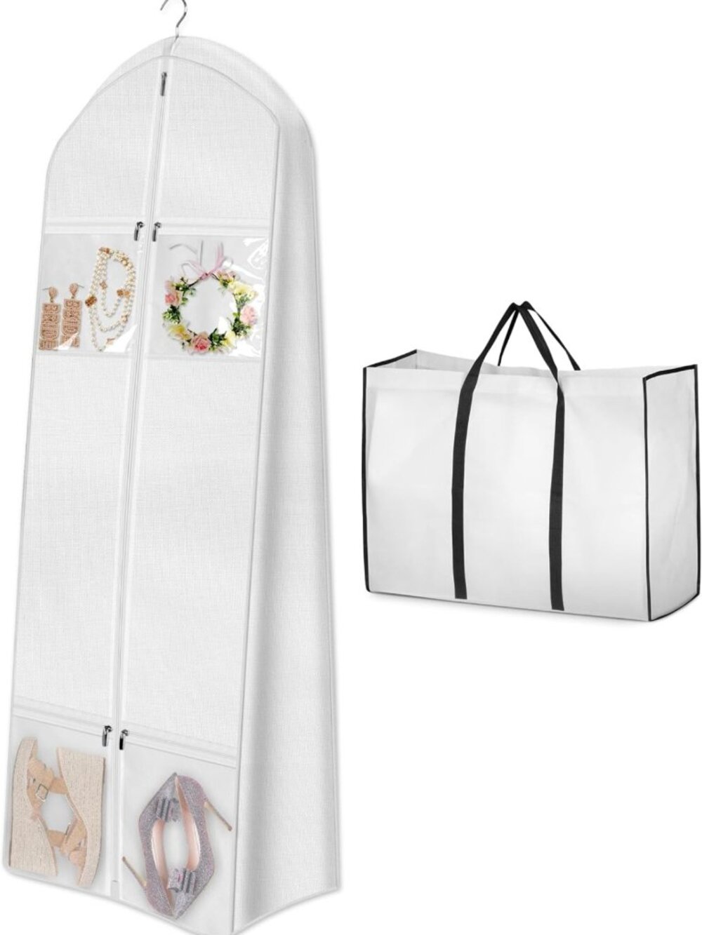 70" Portable Wedding Dress Garment Bag & Bride Tote - 4 Pocket Gown Cover, White